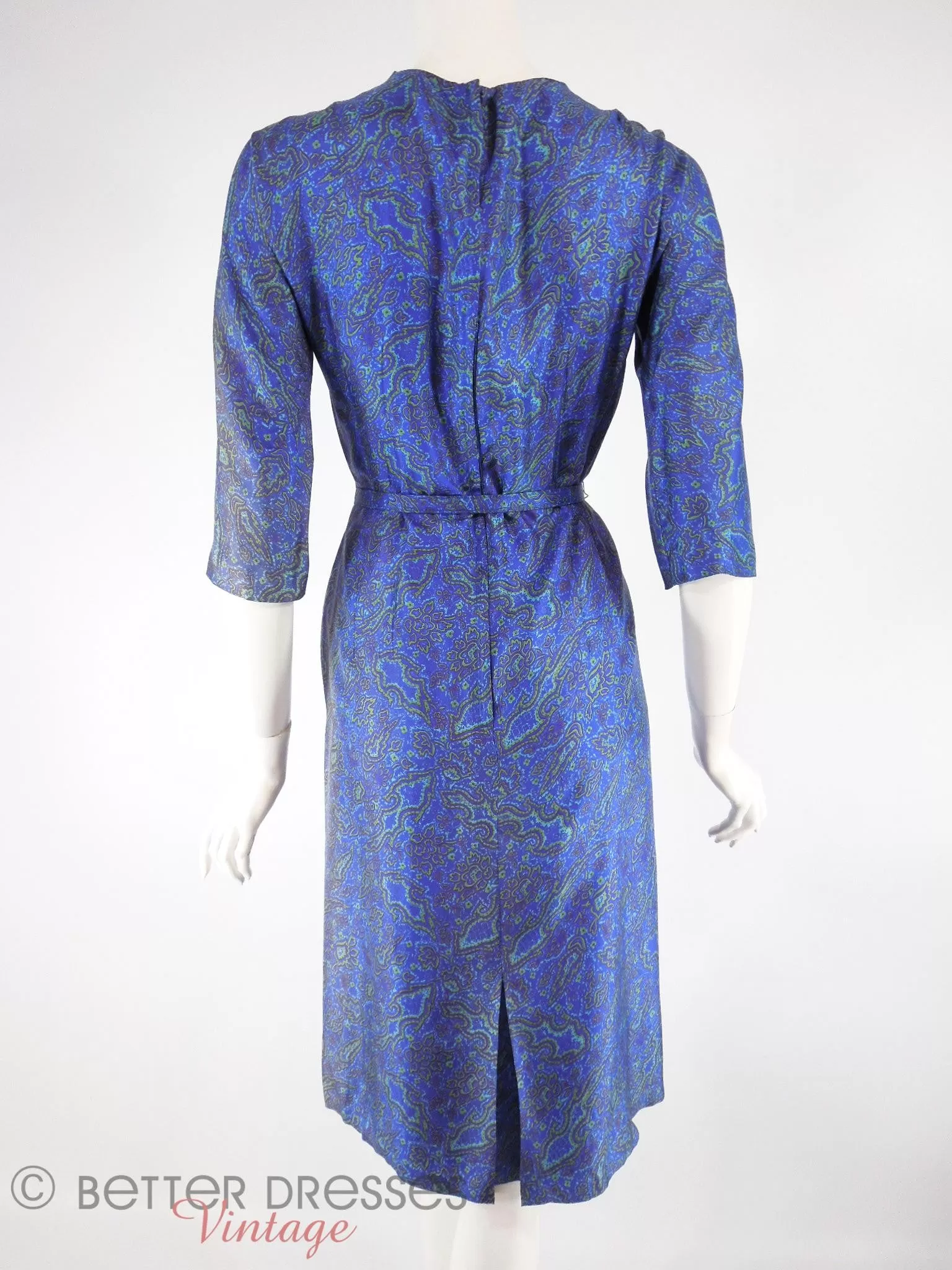 50s/60s Blue Floral Silk Dress - med