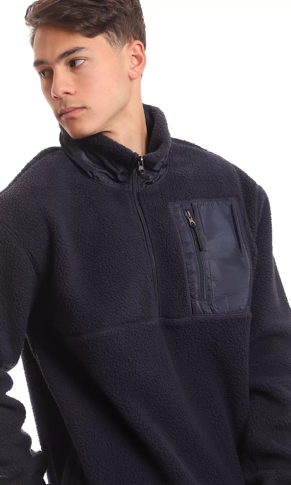 96166 Sherpa Zipped Neck Navy Blue Coziness Sweater