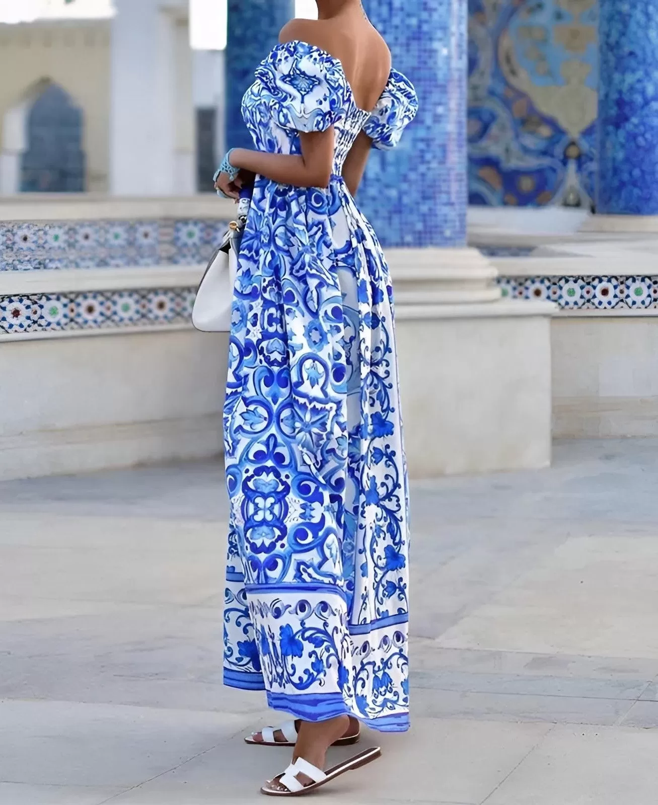 Abito Donna Lungo Scollo Bardot Manica Sbuffo Fantasia Positano