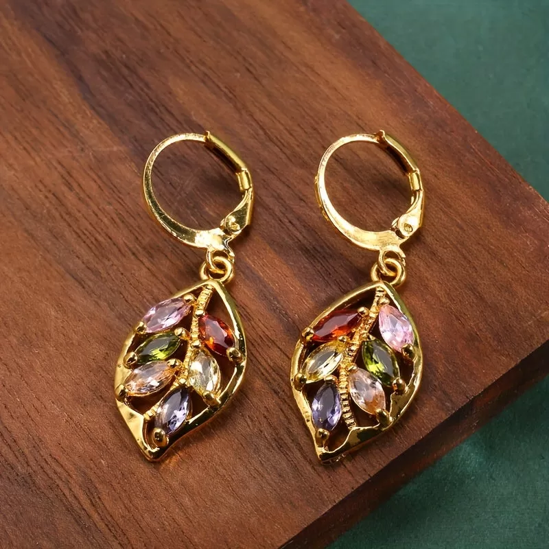 Add a Touch of Elegance to Your Office Look with These Multicolor Mystic Cubic Zirconia Leaf Dangle Earrings in 14K Gold Plating - Lightweight and Stylish Gift for Her