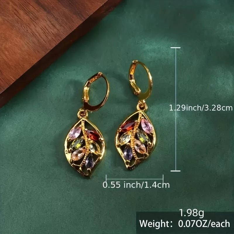 Add a Touch of Elegance to Your Office Look with These Multicolor Mystic Cubic Zirconia Leaf Dangle Earrings in 14K Gold Plating - Lightweight and Stylish Gift for Her