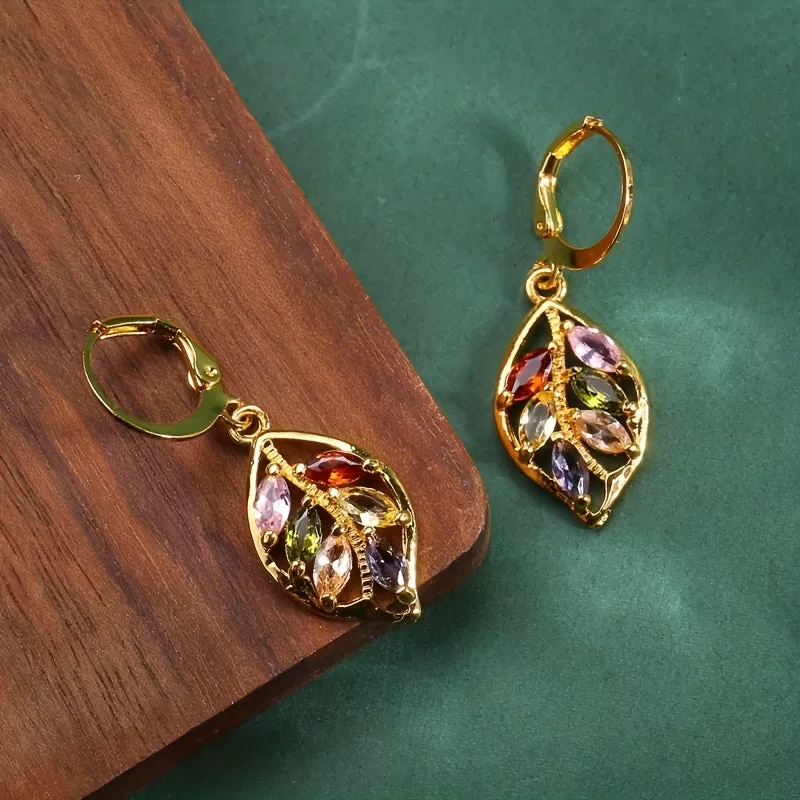 Add a Touch of Elegance to Your Office Look with These Multicolor Mystic Cubic Zirconia Leaf Dangle Earrings in 14K Gold Plating - Lightweight and Stylish Gift for Her