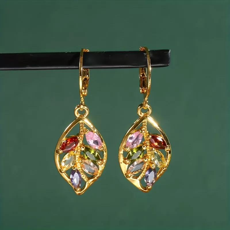 Add a Touch of Elegance to Your Office Look with These Multicolor Mystic Cubic Zirconia Leaf Dangle Earrings in 14K Gold Plating - Lightweight and Stylish Gift for Her