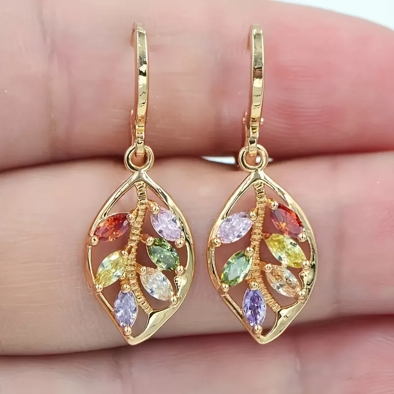 Add a Touch of Elegance to Your Office Look with These Multicolor Mystic Cubic Zirconia Leaf Dangle Earrings in 14K Gold Plating - Lightweight and Stylish Gift for Her