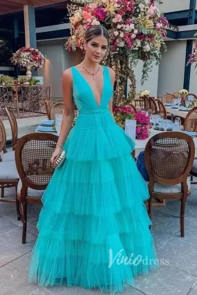 Aqua Blue Layered Tulle Prom Dresses V-neck FD2050