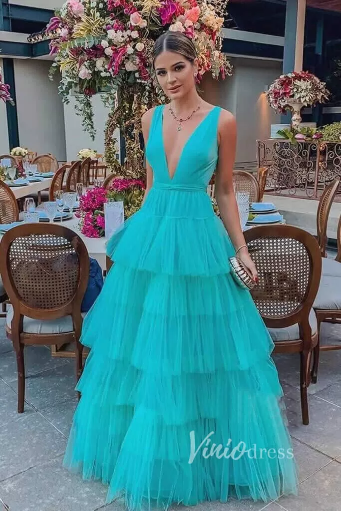 Aqua Blue Layered Tulle Prom Dresses V-neck FD2050