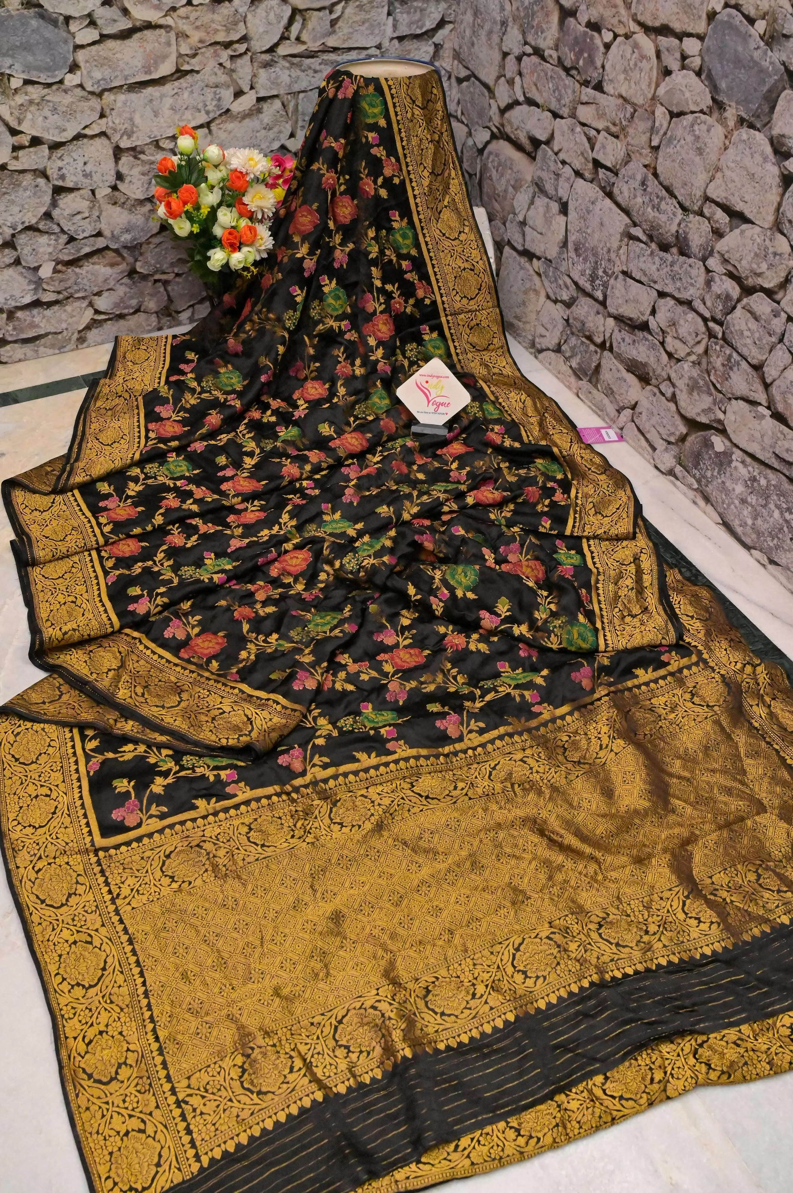 Black Color Satin Banarasi Saree with Meenakari Work