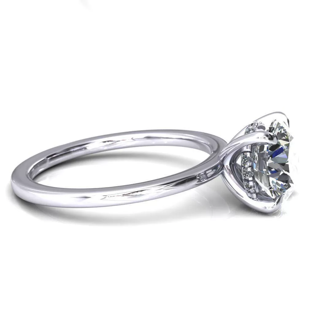 Carmeli 8mm Hearts and Arrows (H&A) Round Moissanite Center Stone 4 Claw Prong Micro Pave Diamond Rail Engagement 14K White Gold Ring