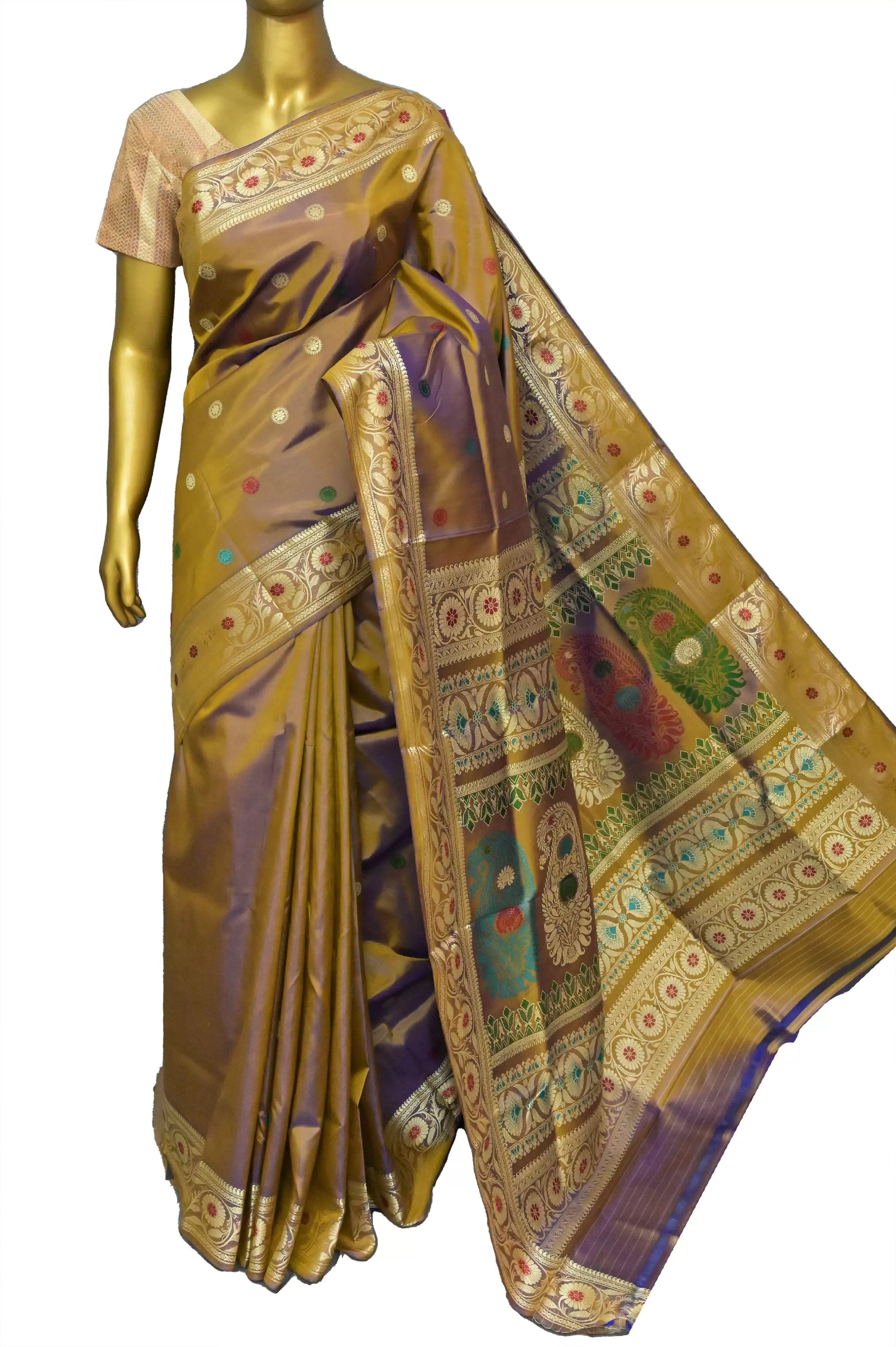 Chiku and Purple Dual Tone Color Revival Baluchari Silk Saree with Meenakari Pallu