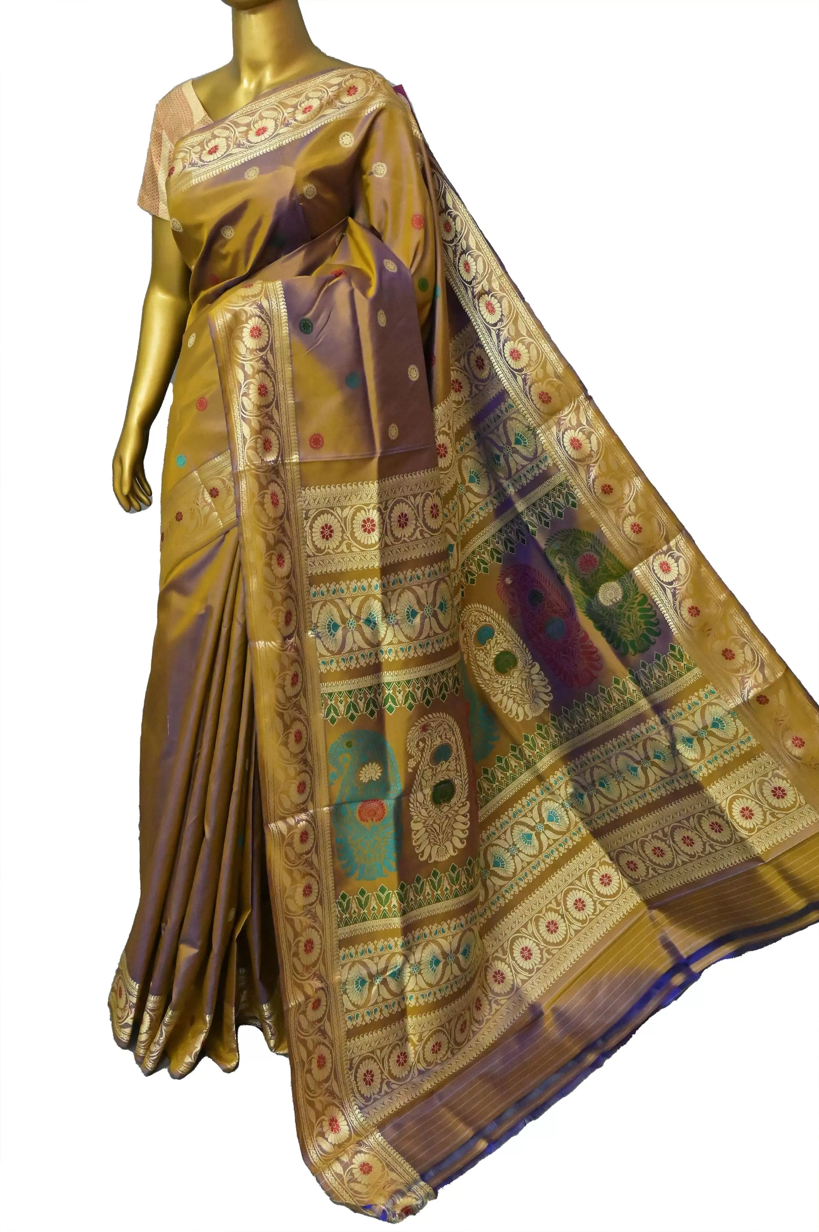 Chiku and Purple Dual Tone Color Revival Baluchari Silk Saree with Meenakari Pallu