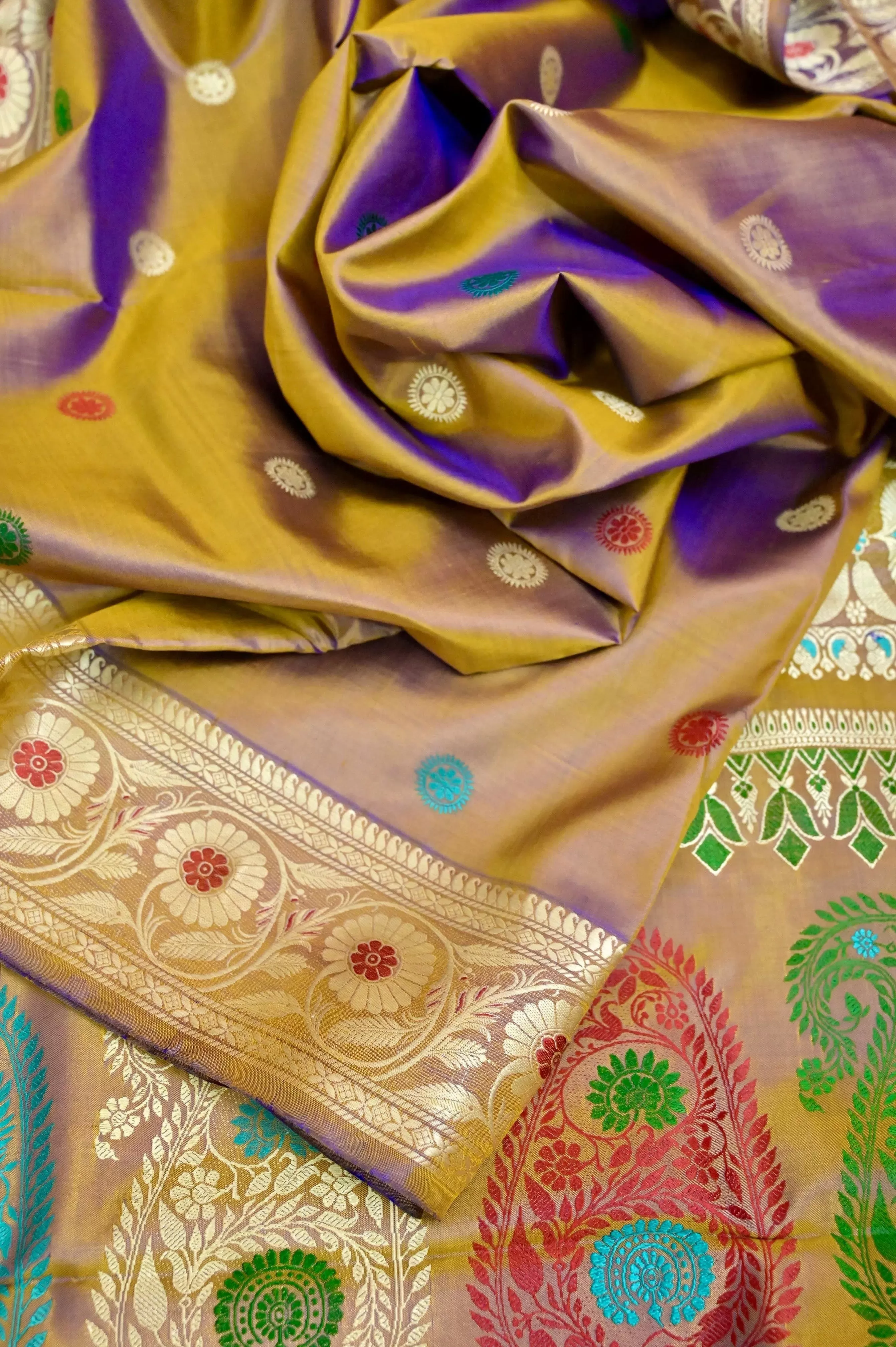 Chiku and Purple Dual Tone Color Revival Baluchari Silk Saree with Meenakari Pallu