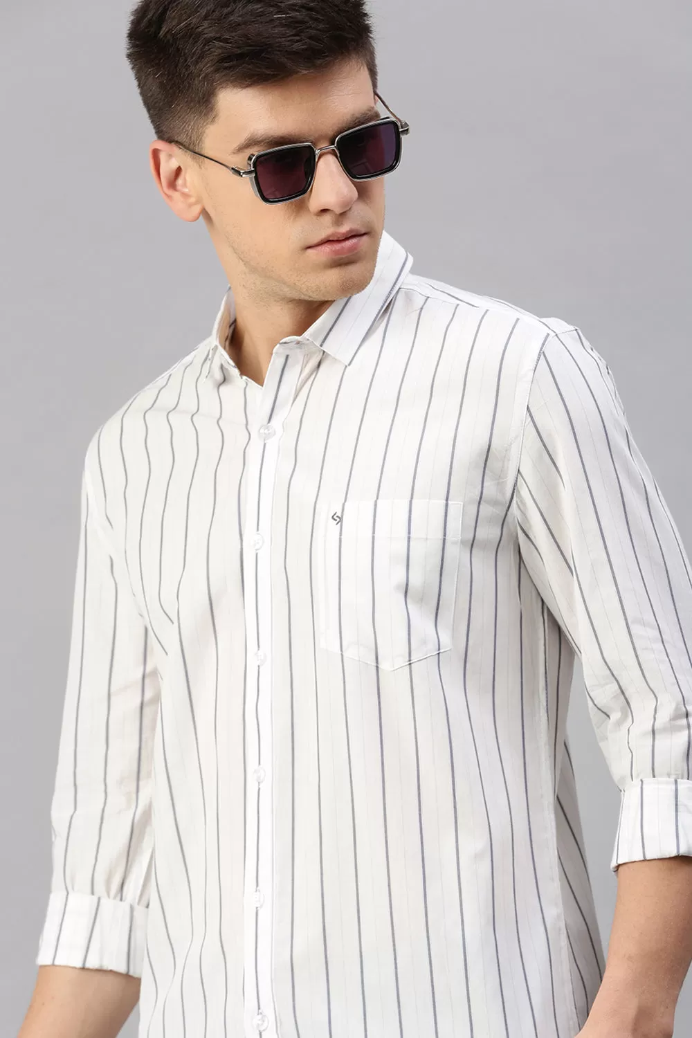 Classic Polo Men's Cotton Full Sleeve Striped Slim Fit Polo Neck White Color Woven Shirt | So1-103 A