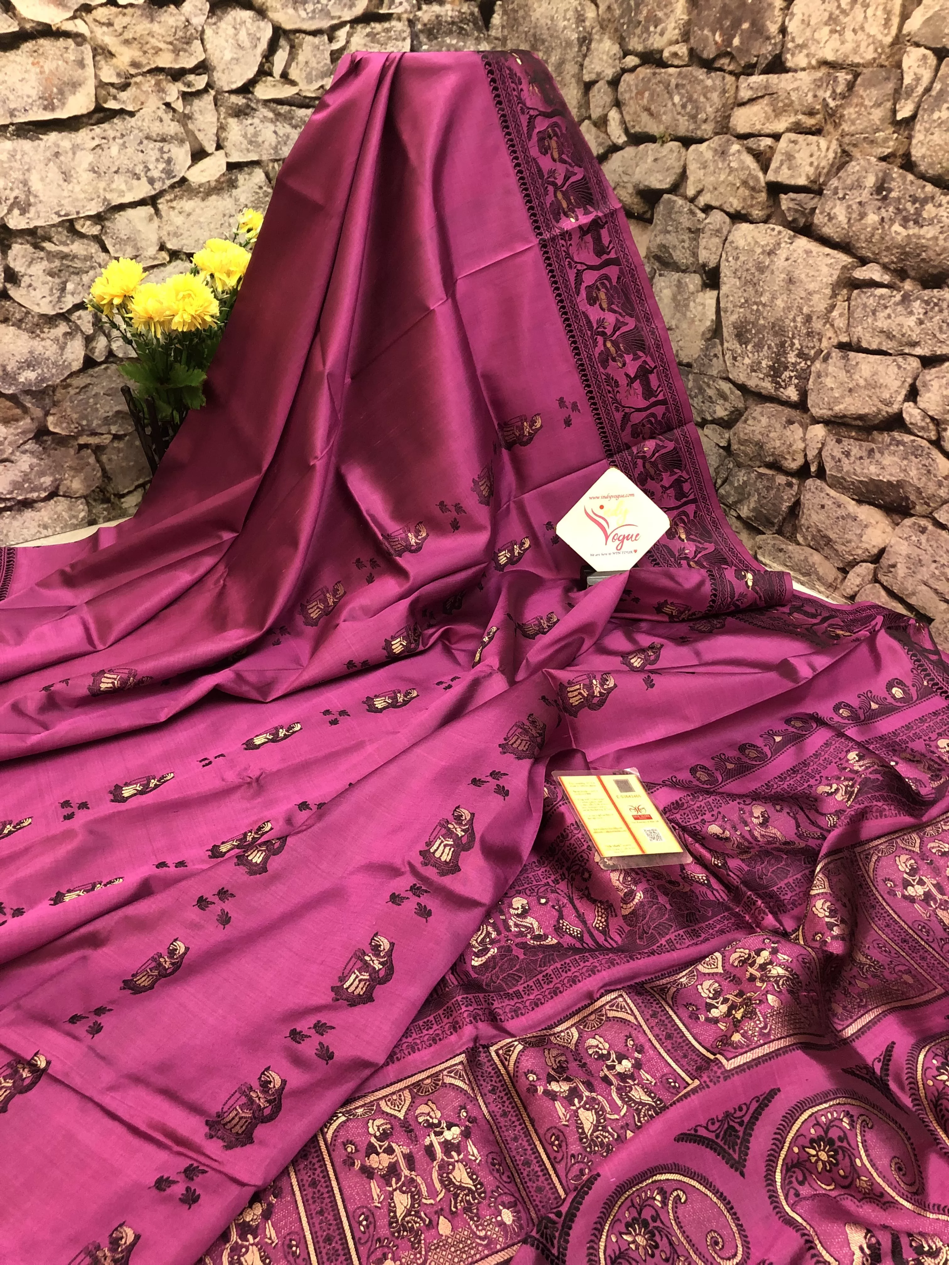 Dark Onion Color Pure Baluchari Silk Saree with Meenakari Work