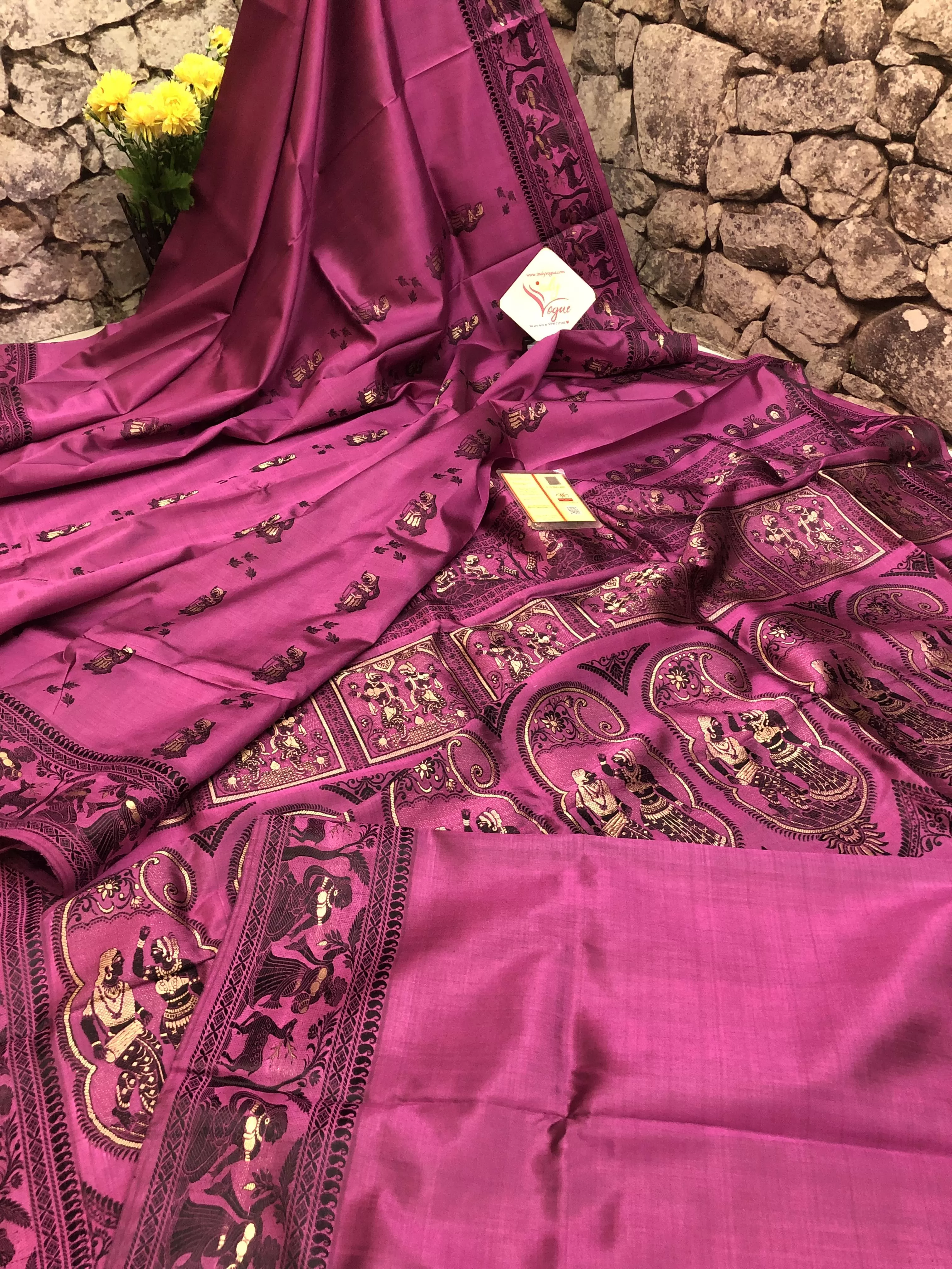 Dark Onion Color Pure Baluchari Silk Saree with Meenakari Work