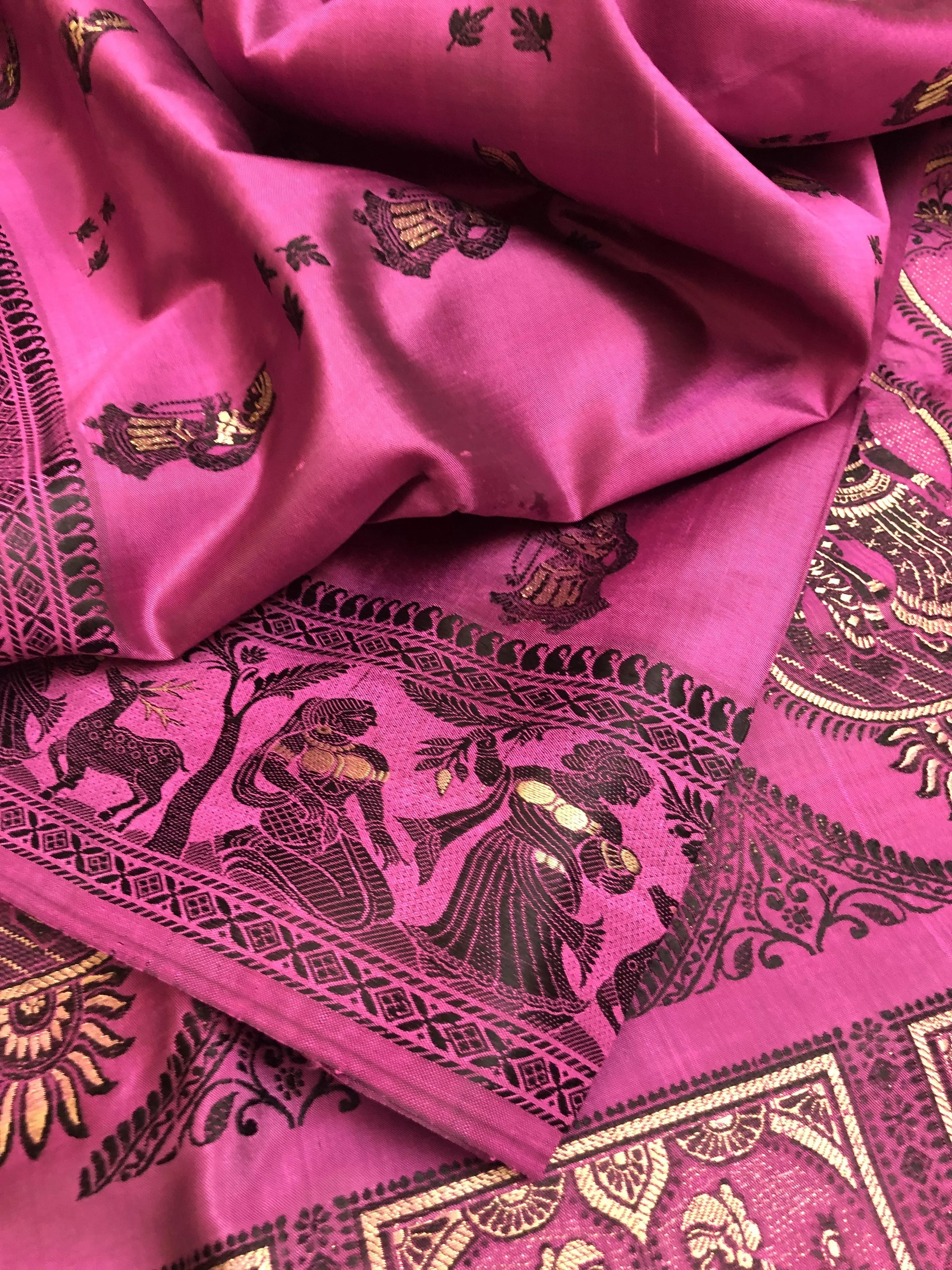 Dark Onion Color Pure Baluchari Silk Saree with Meenakari Work