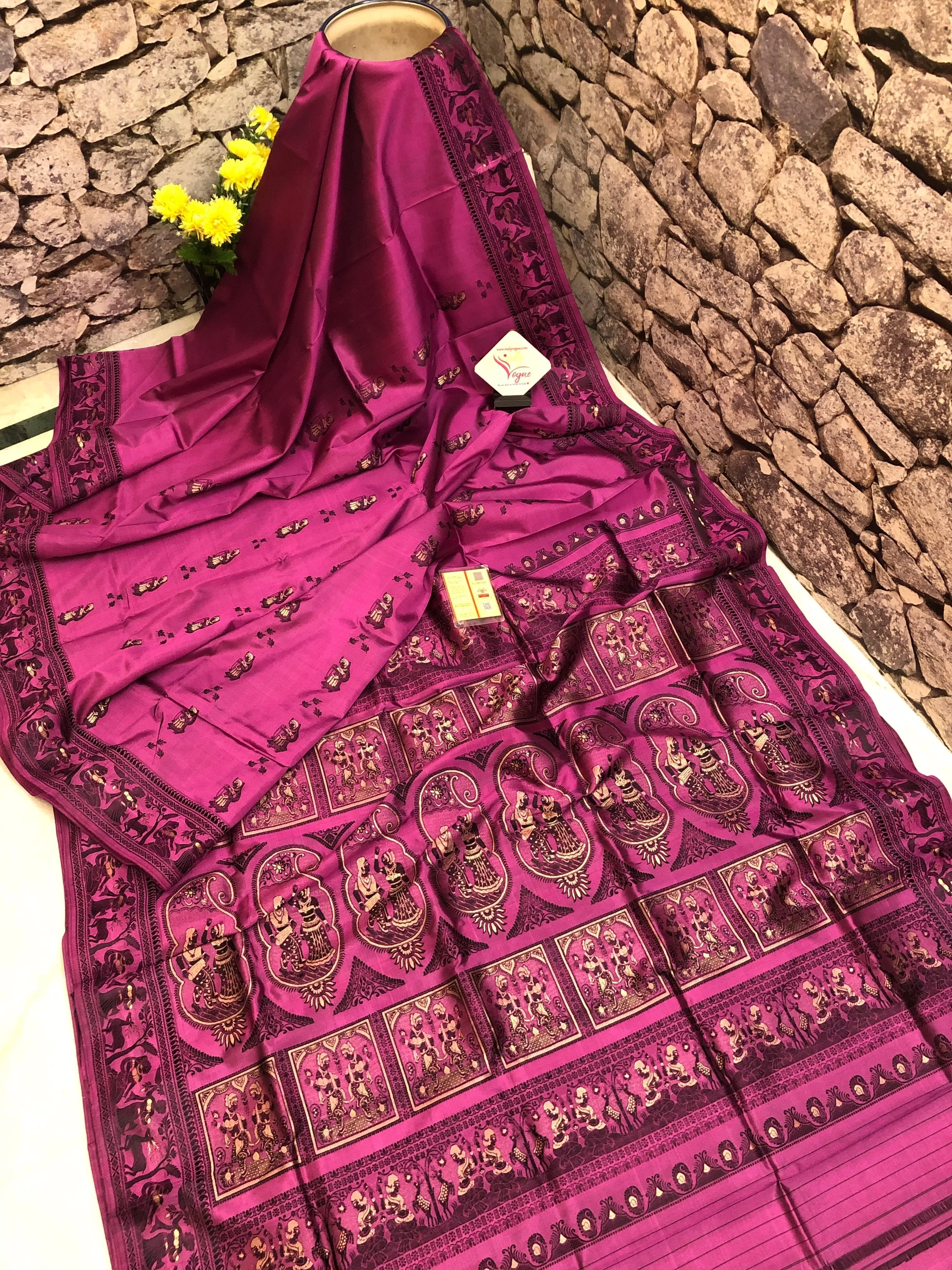 Dark Onion Color Pure Baluchari Silk Saree with Meenakari Work