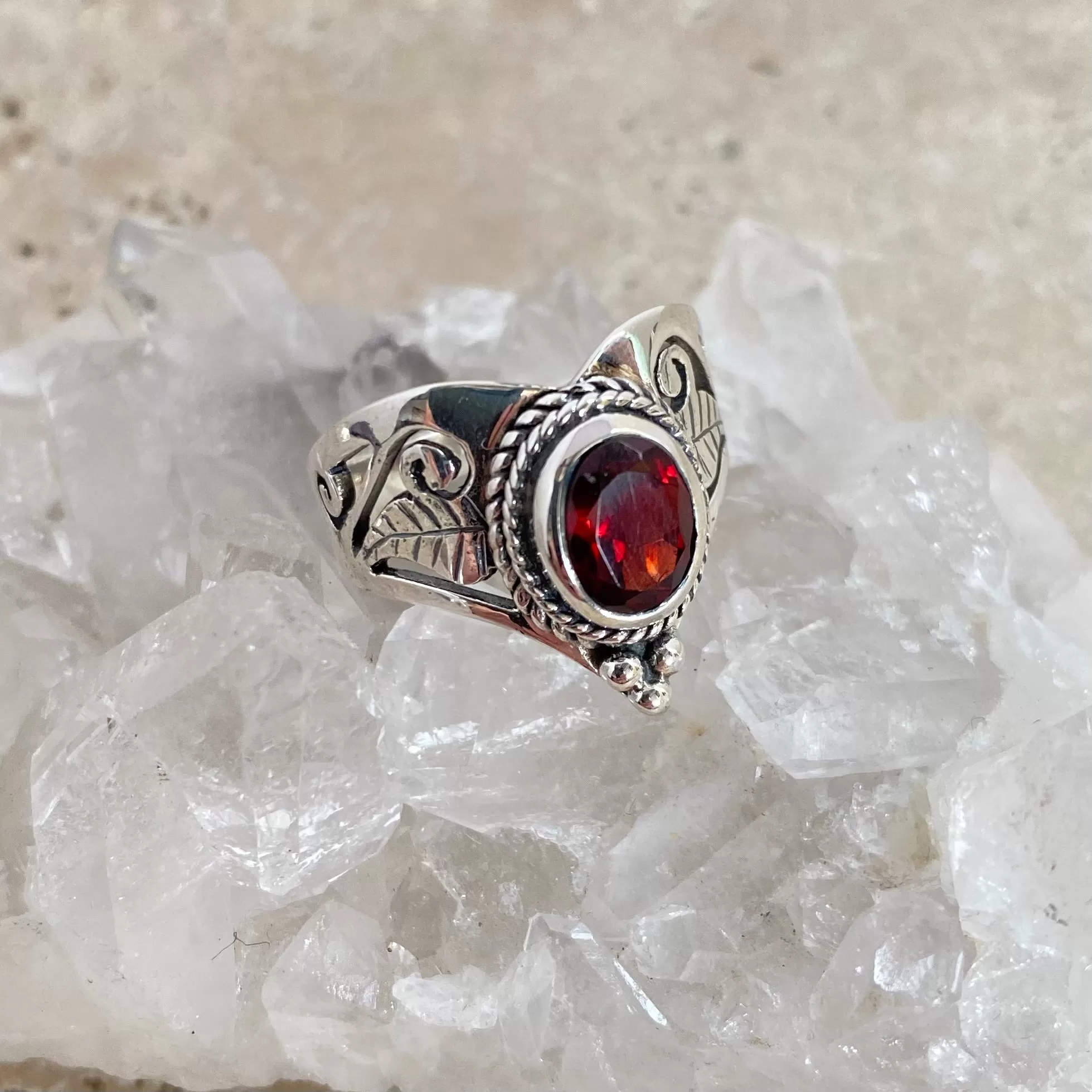 Garnet Filigree Wishbone Ring - Raya