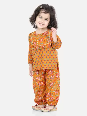 Girls Pure Cotton Printed Top Harem Pant Indo Western Clothing Set - Orange