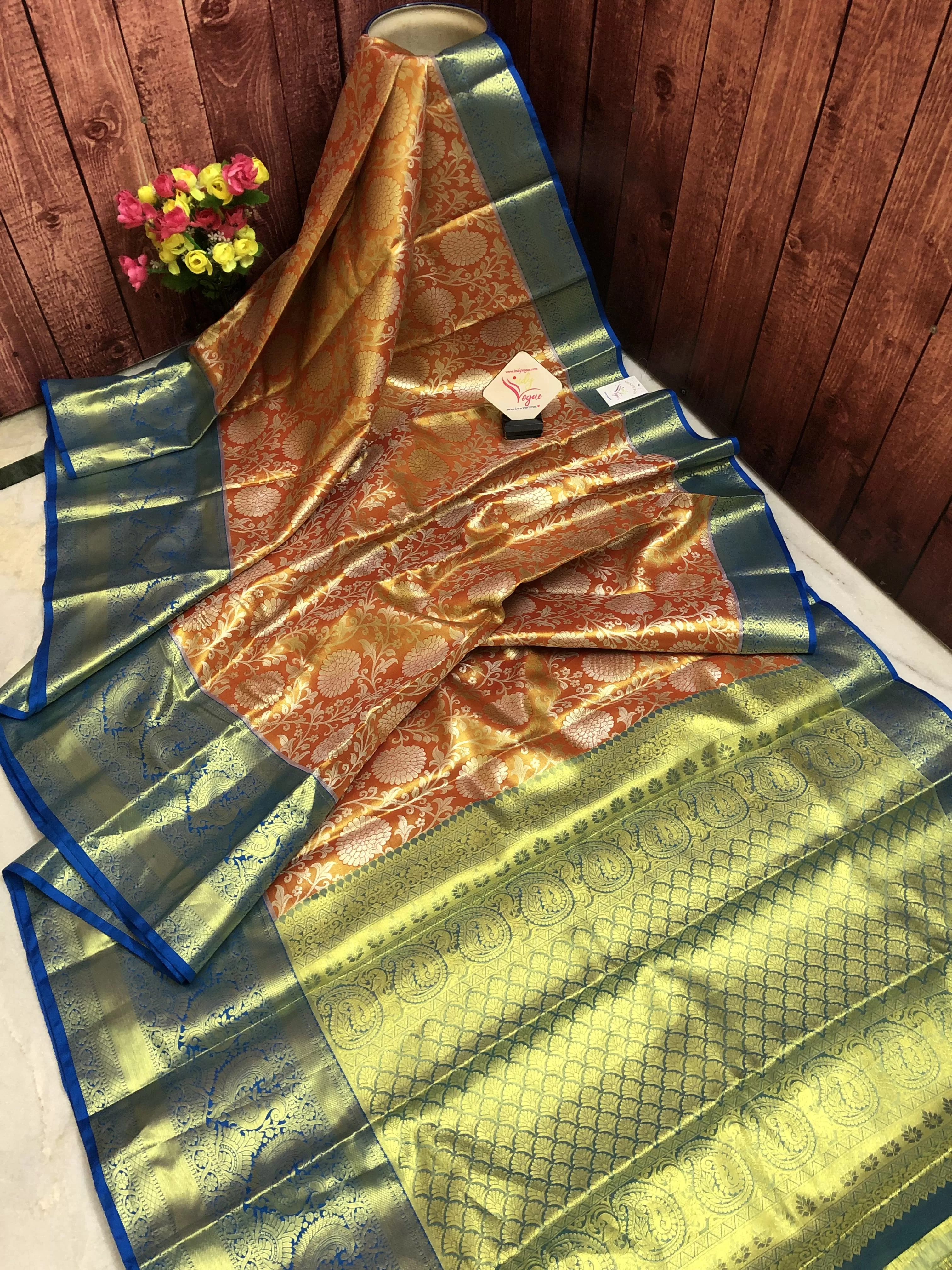 Golden Orange Color Tissue Kanjeevaram Silk Saree with Jaal Work