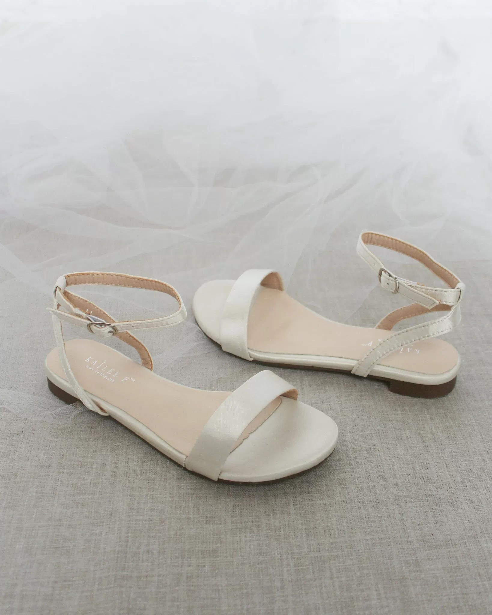 Ivory Satin Flat Sandal with Ankle Strap