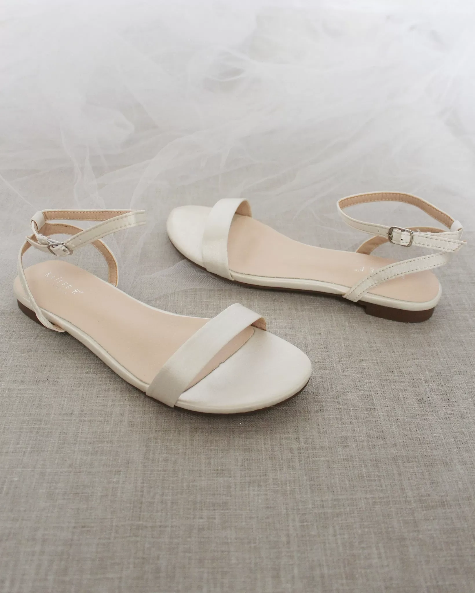 Ivory Satin Flat Sandal with Ankle Strap