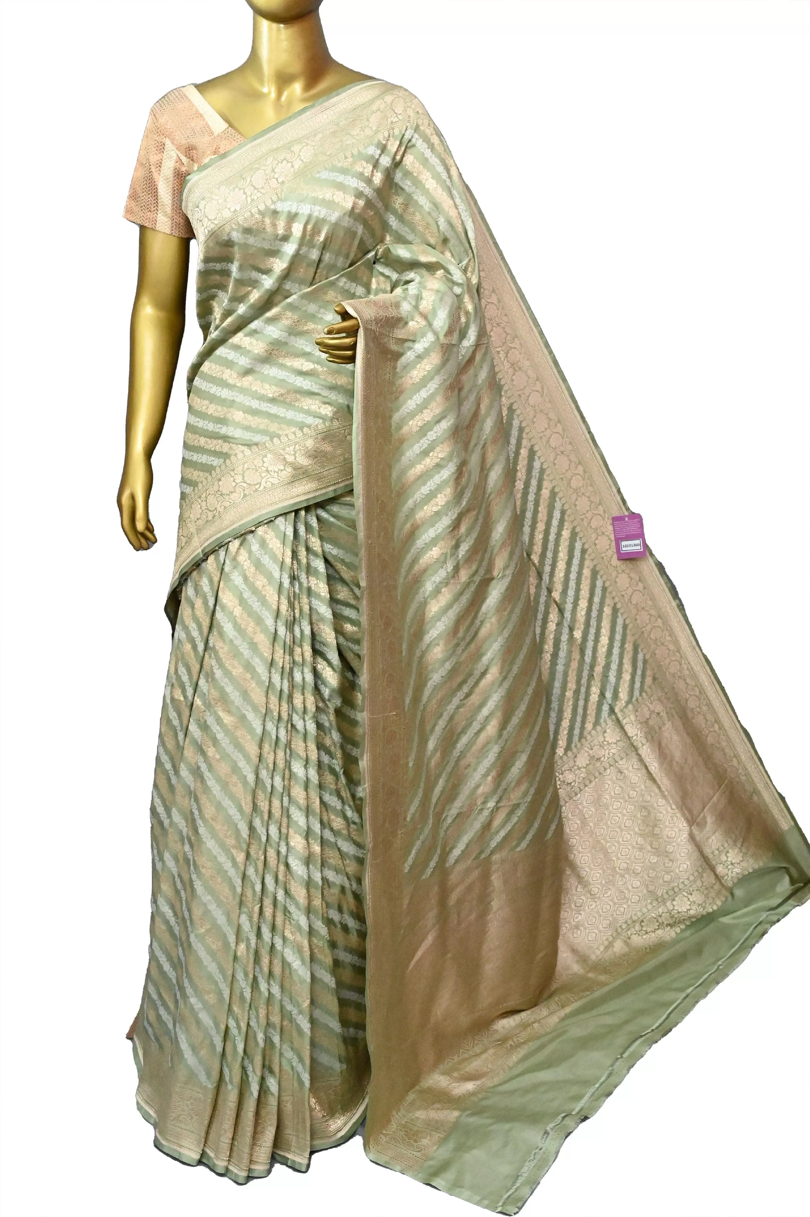 Light Elaichi Green Color Pure Katan Banarasi Allover Golden and Silver Zari Leheriya Style