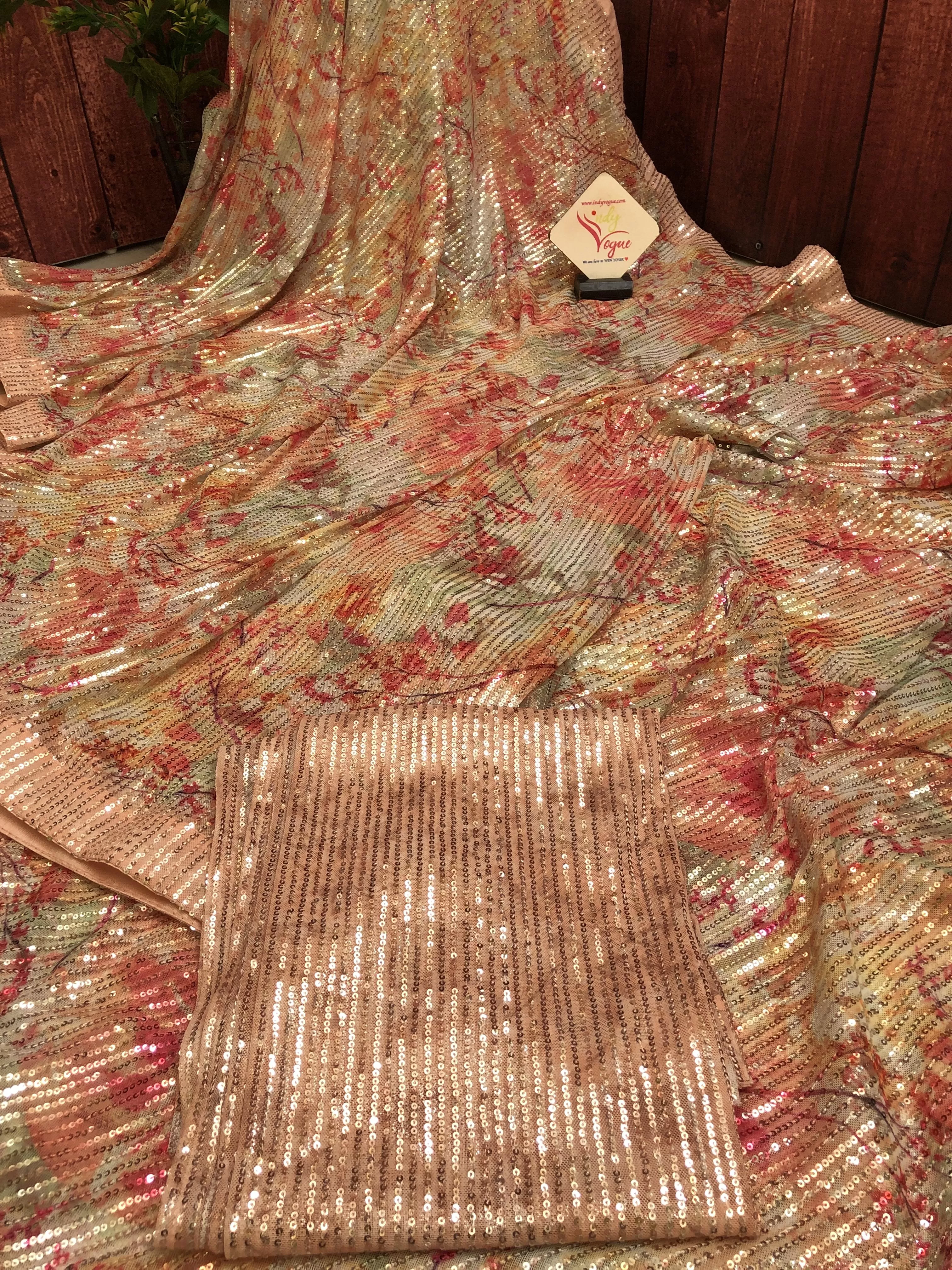 Light Peach Color Designer Net Saree with Digital Print & Sequin Work