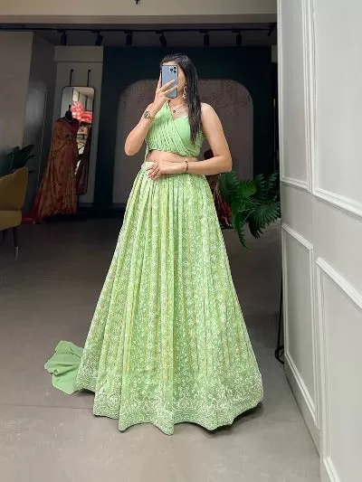 Lime Green Georgette Lucknowi Work Readymade Lehenga Set