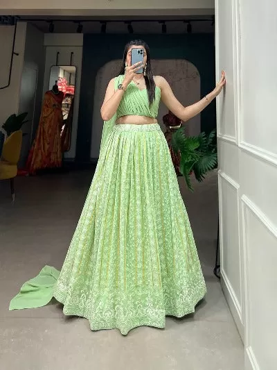 Lime Green Georgette Lucknowi Work Readymade Lehenga Set