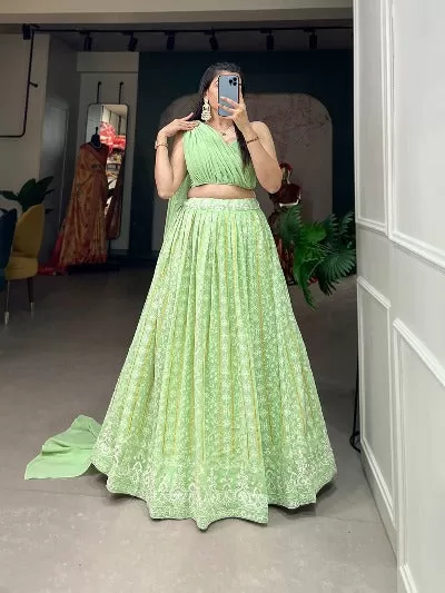 Lime Green Georgette Lucknowi Work Readymade Lehenga Set