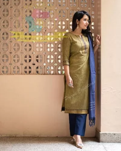 Mustard Blue Ethnic Cotton Salwar Suit for Women