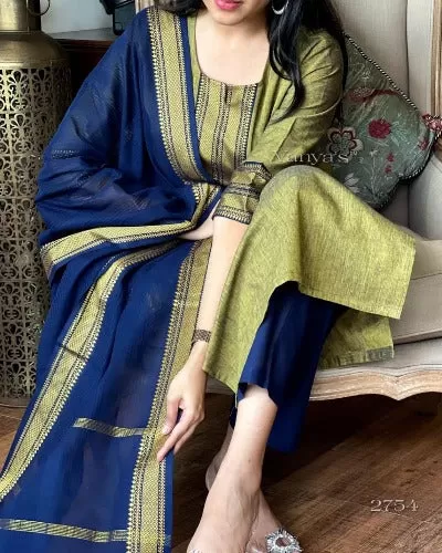 Mustard Blue Ethnic Cotton Salwar Suit for Women