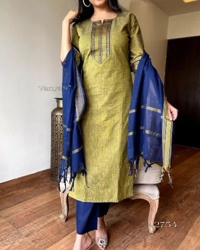 Mustard Blue Ethnic Cotton Salwar Suit for Women