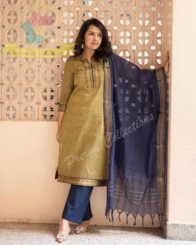 Mustard Blue Ethnic Cotton Salwar Suit for Women