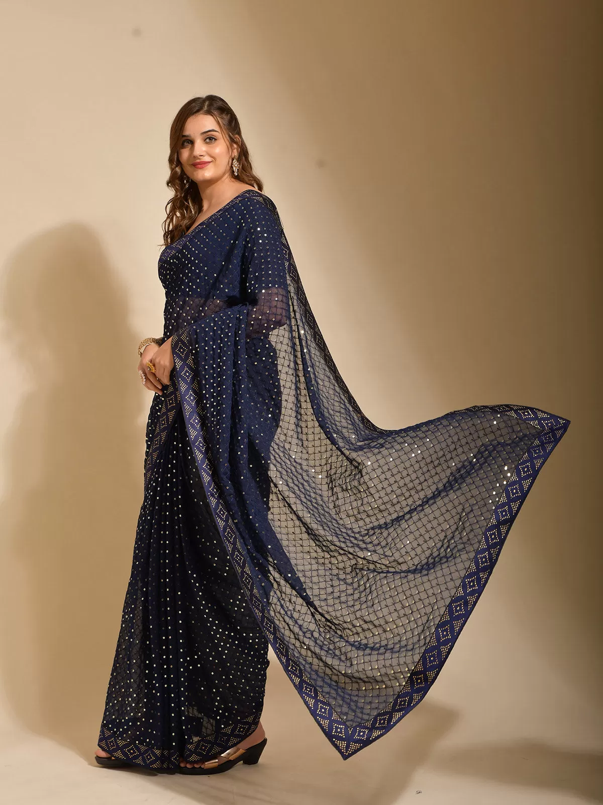 Odette Women Blue Georgette Designer Saree With Unstitched Blouse