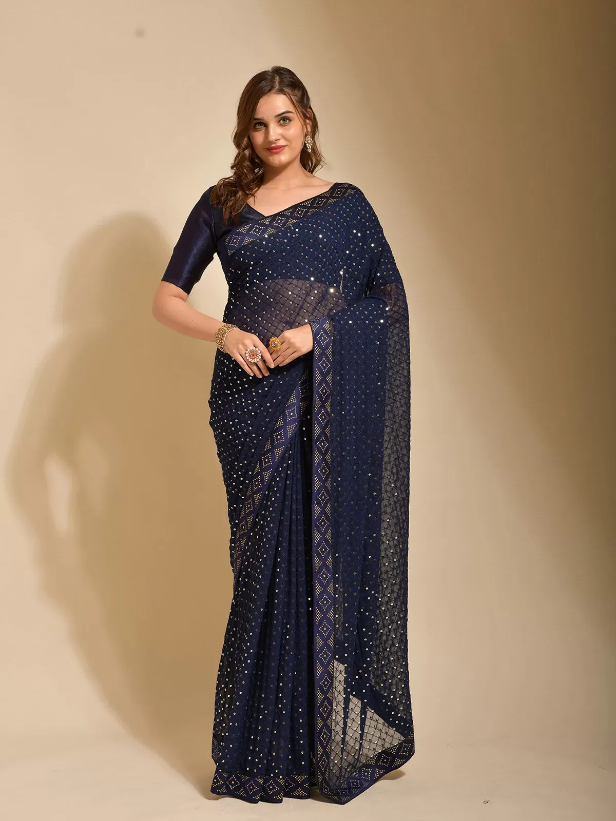 Odette Women Blue Georgette Designer Saree With Unstitched Blouse