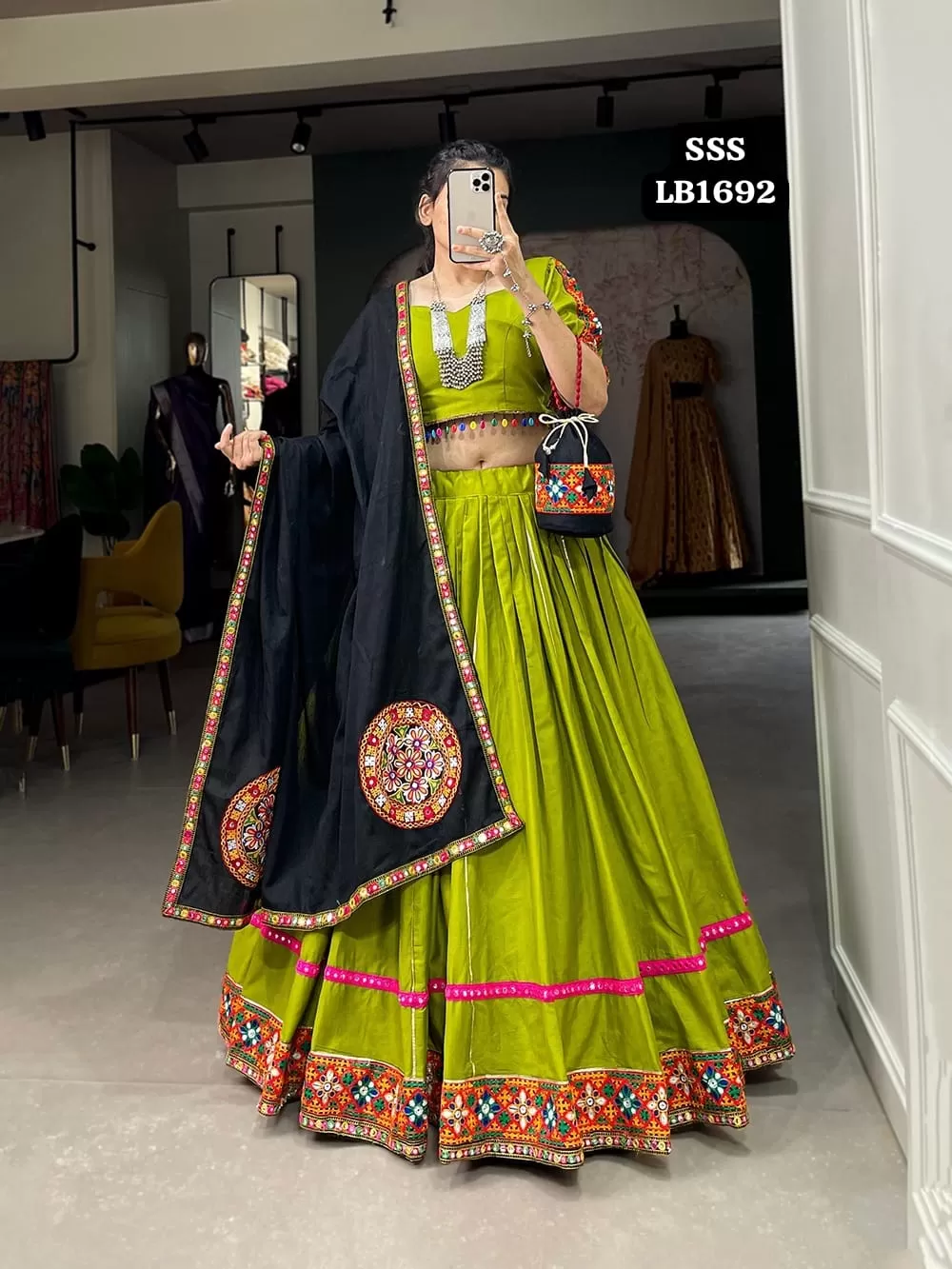 Parrot  Green shade Navratri Collection 2023 Traditional Design Gamthi work Lehenga -SSS001LN