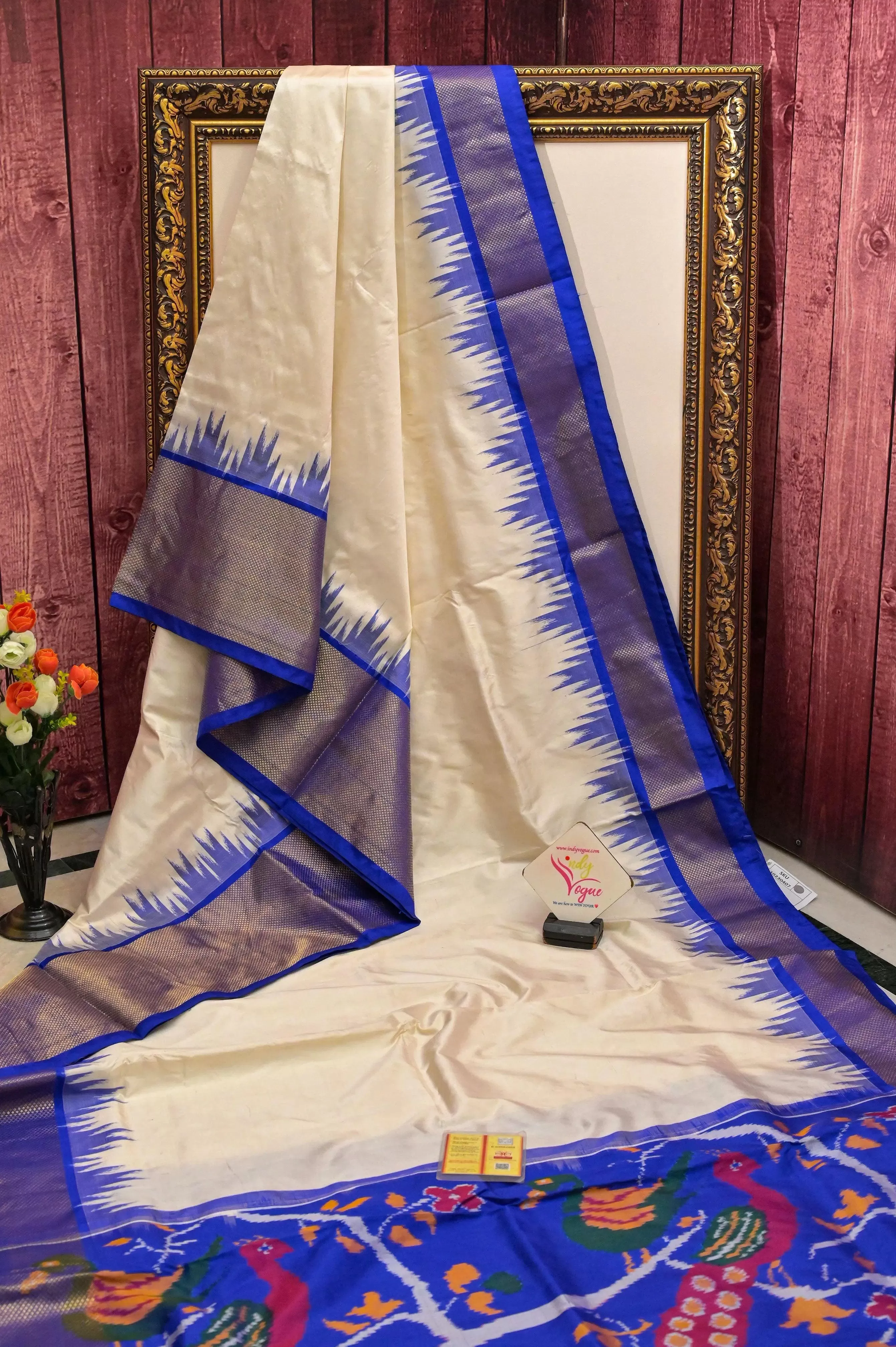 Pure Offwhite and Blue Color Ikat Patola Silk Saree