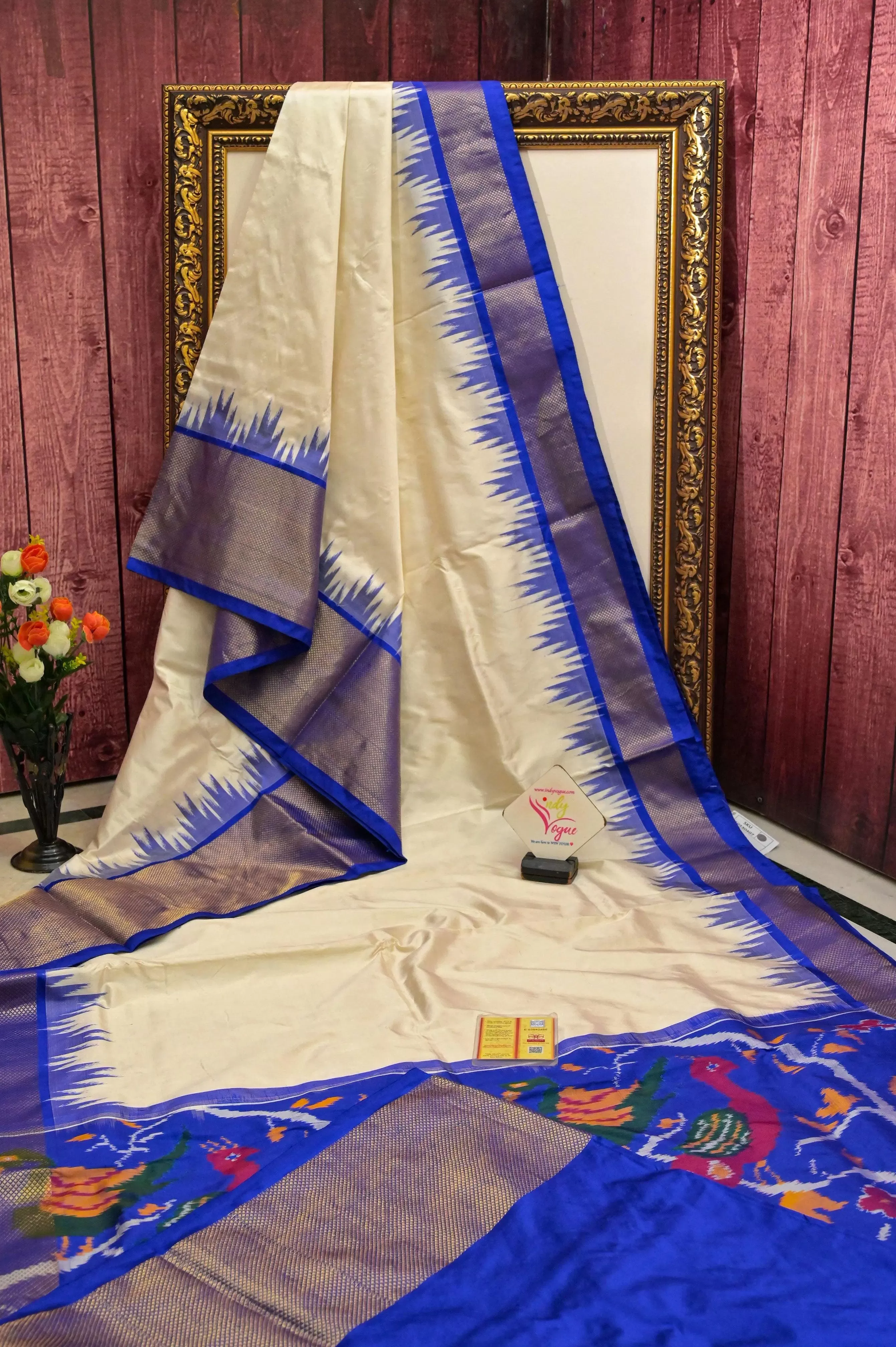 Pure Offwhite and Blue Color Ikat Patola Silk Saree