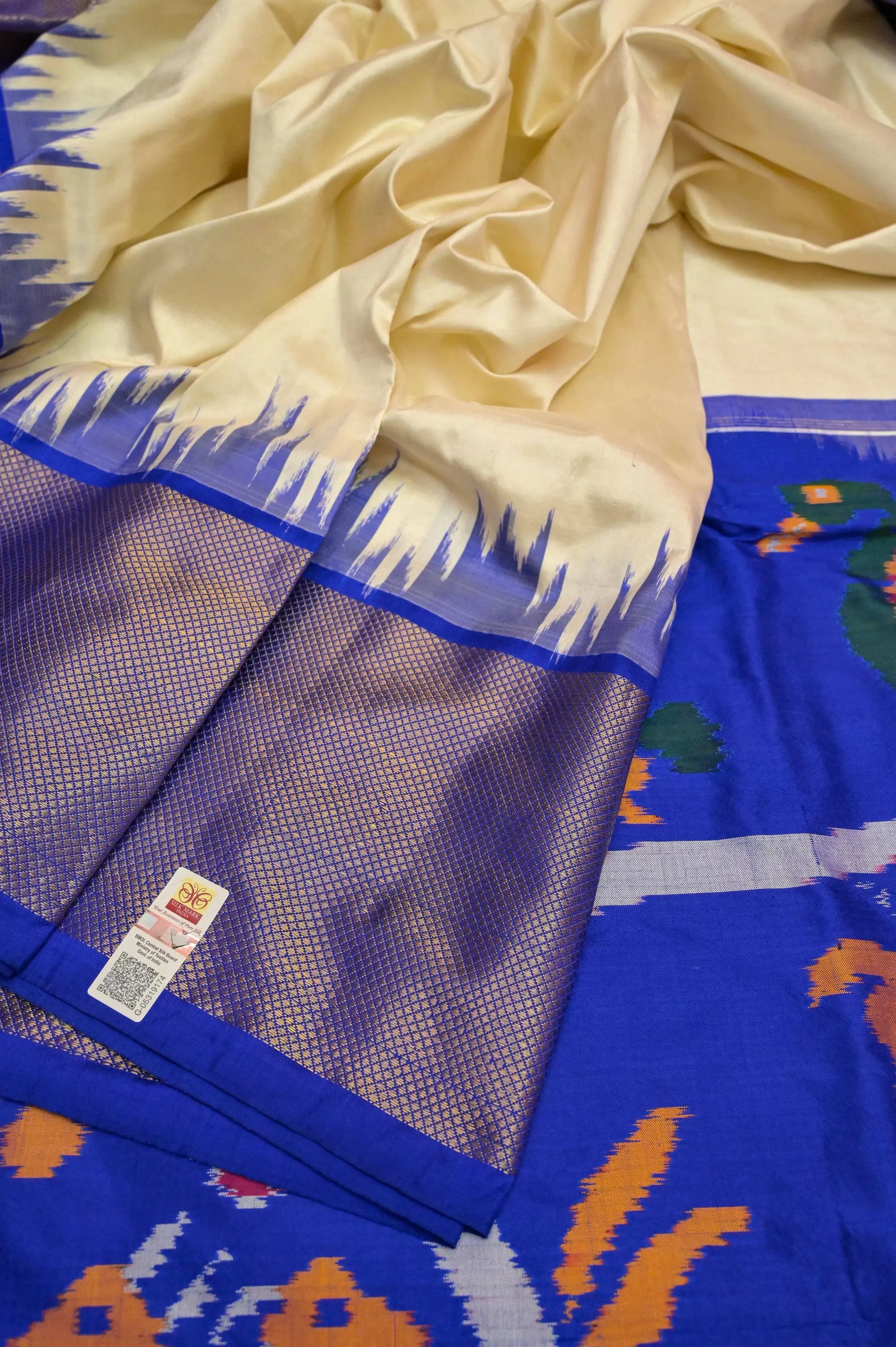 Pure Offwhite and Blue Color Ikat Patola Silk Saree