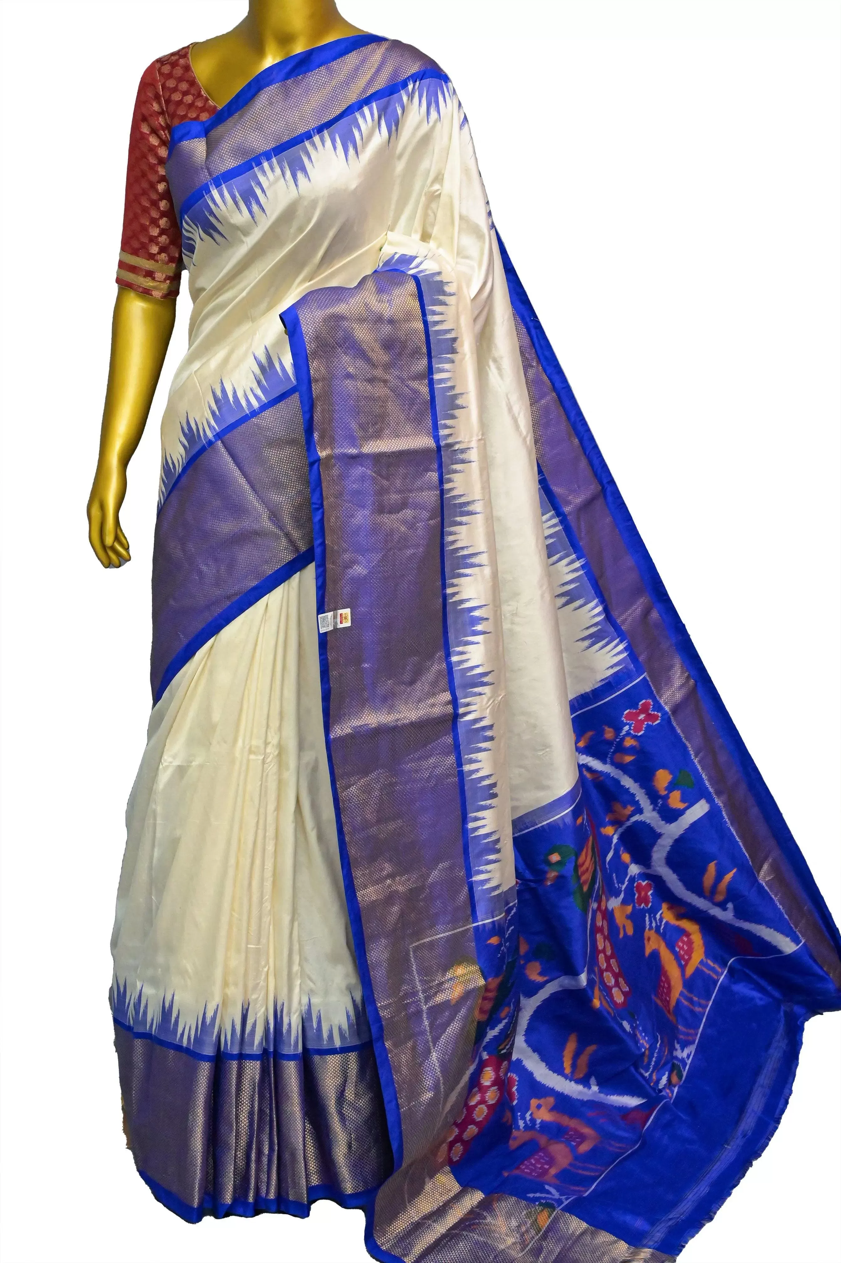 Pure Offwhite and Blue Color Ikat Patola Silk Saree