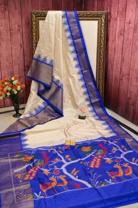 Pure Offwhite and Blue Color Ikat Patola Silk Saree