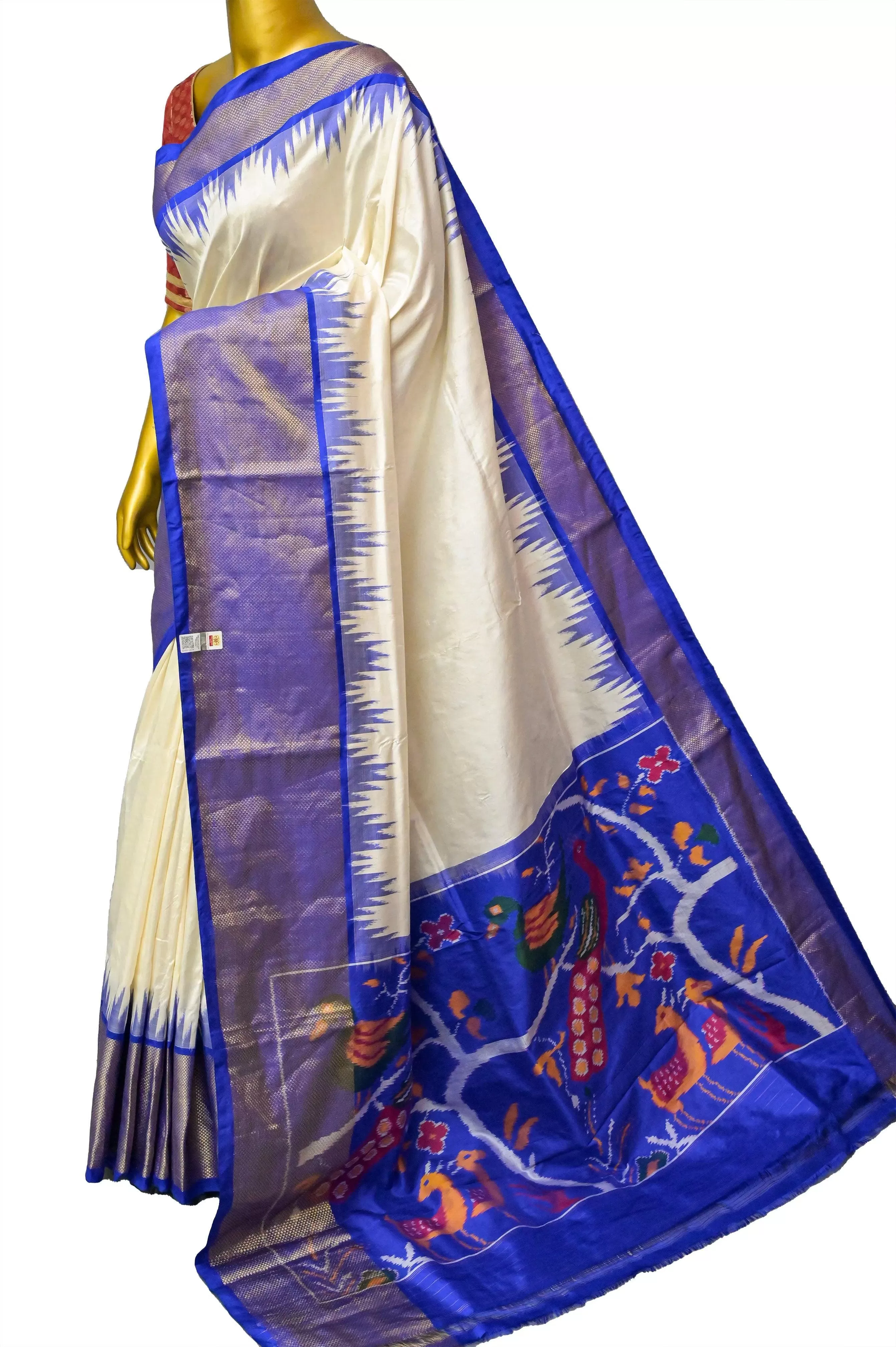 Pure Offwhite and Blue Color Ikat Patola Silk Saree