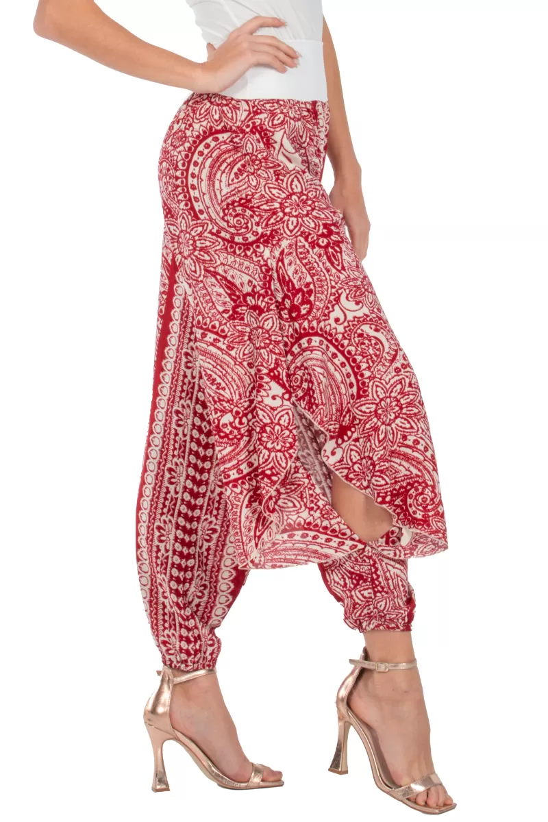 Red Mandala Paisley Print Harem Pants With Slits