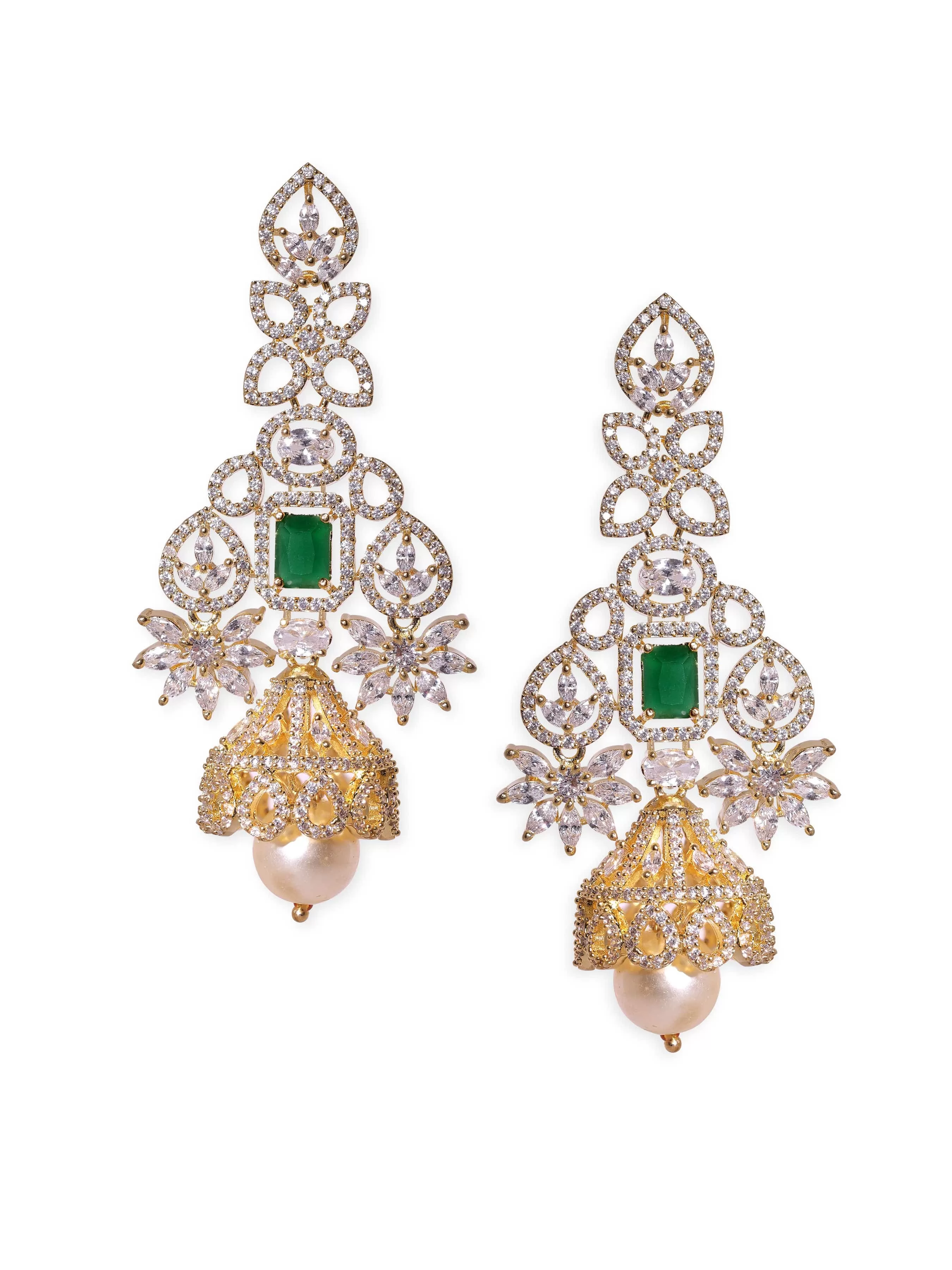 Rubans 18k Gold Plated Zirconia and Emerald studded Chandelier Earrings