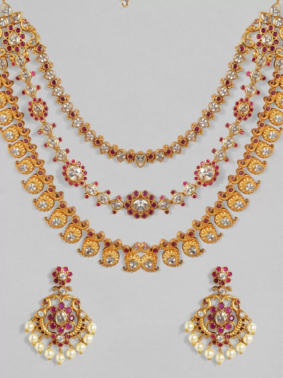 Rubans 22K Gold Plated Handcrafted  Faux Ruby & Paisley Shaped Layered Necklace Set