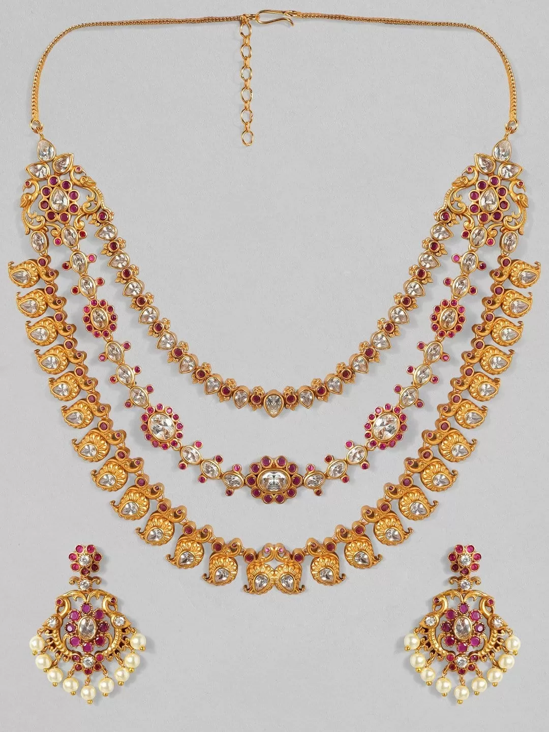 Rubans 22K Gold Plated Handcrafted  Faux Ruby & Paisley Shaped Layered Necklace Set