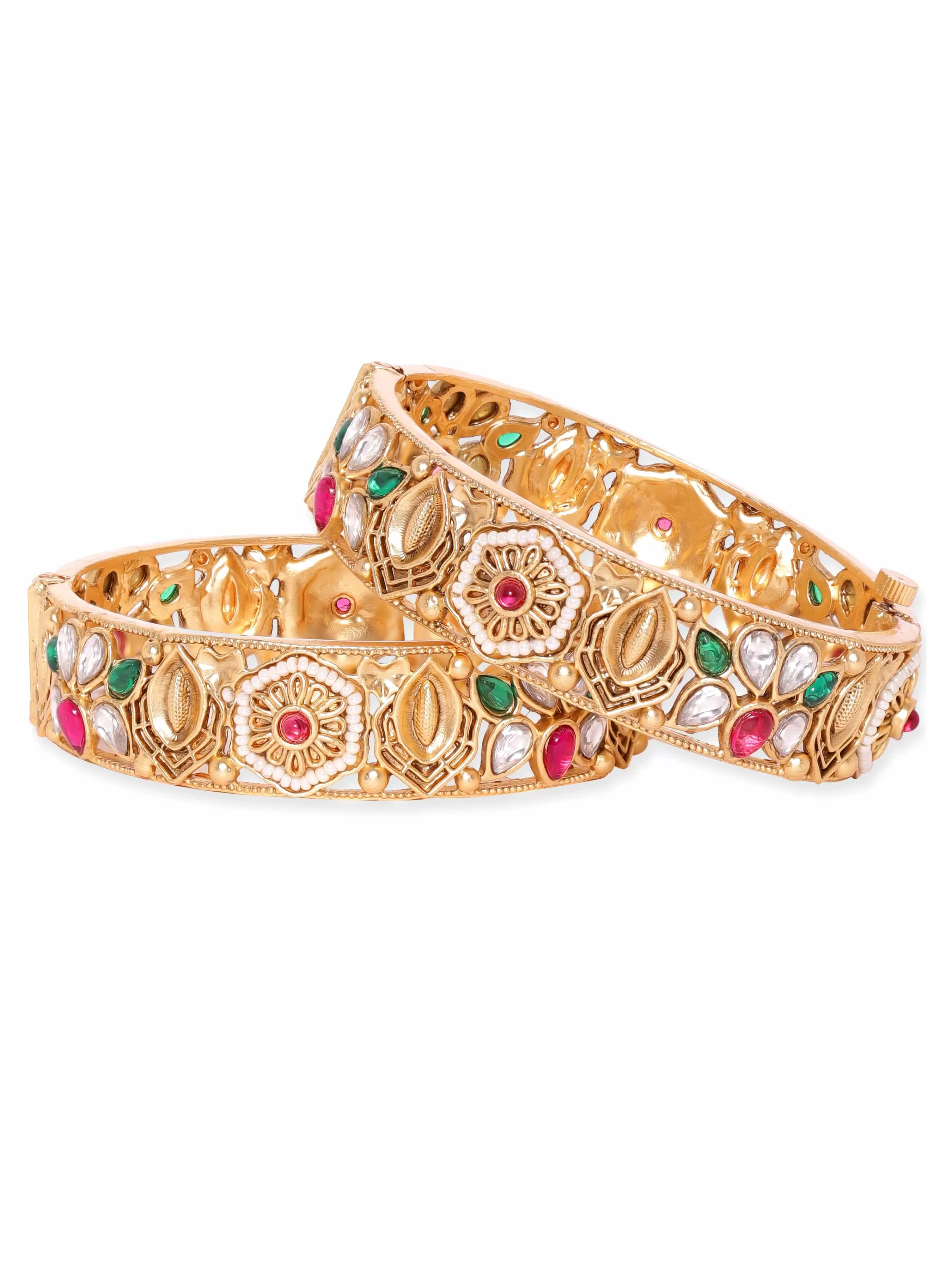 Rubans 24k Gold plated kundan & kemp studded handcrafted bangles