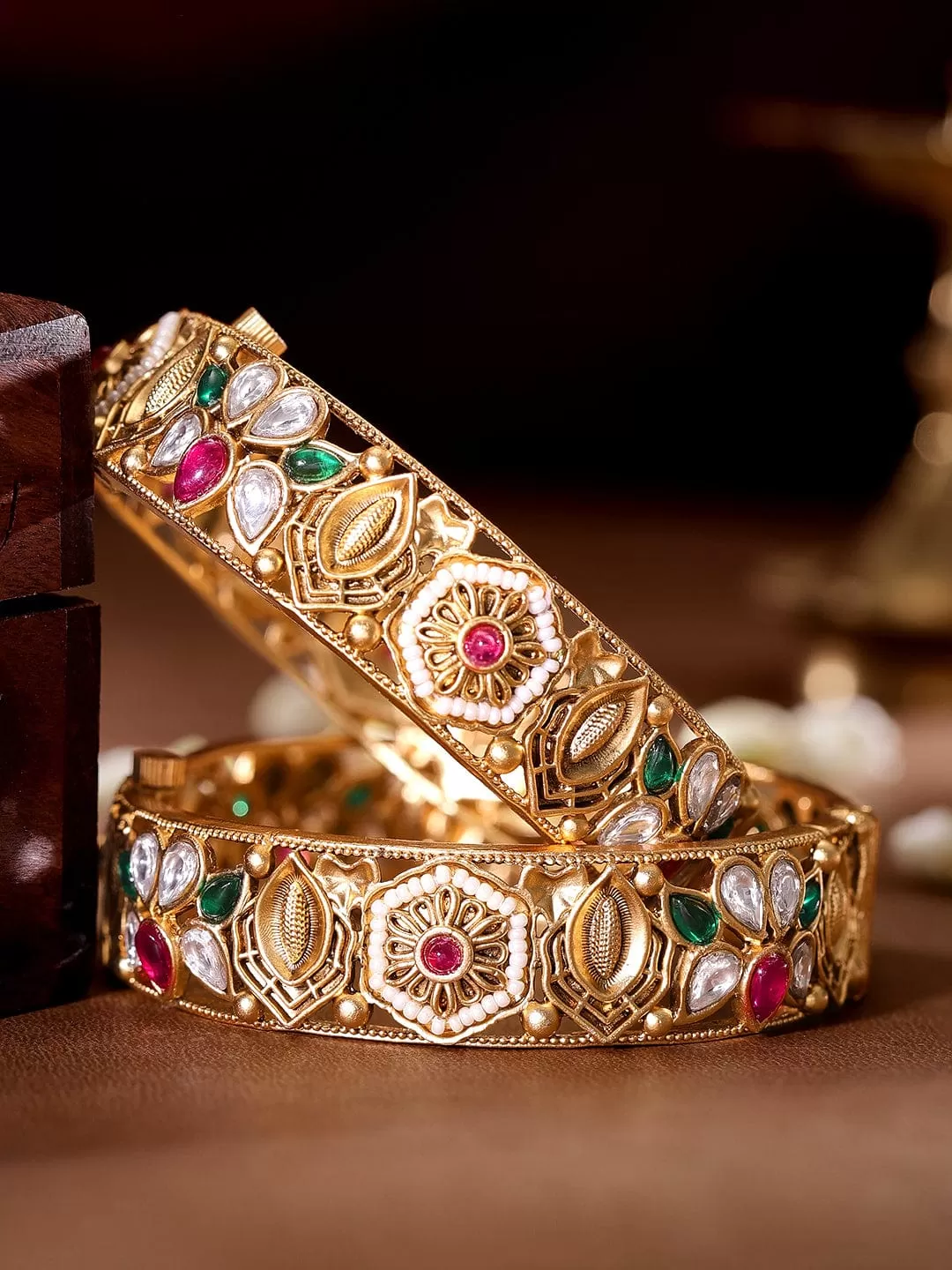 Rubans 24k Gold plated kundan & kemp studded handcrafted bangles