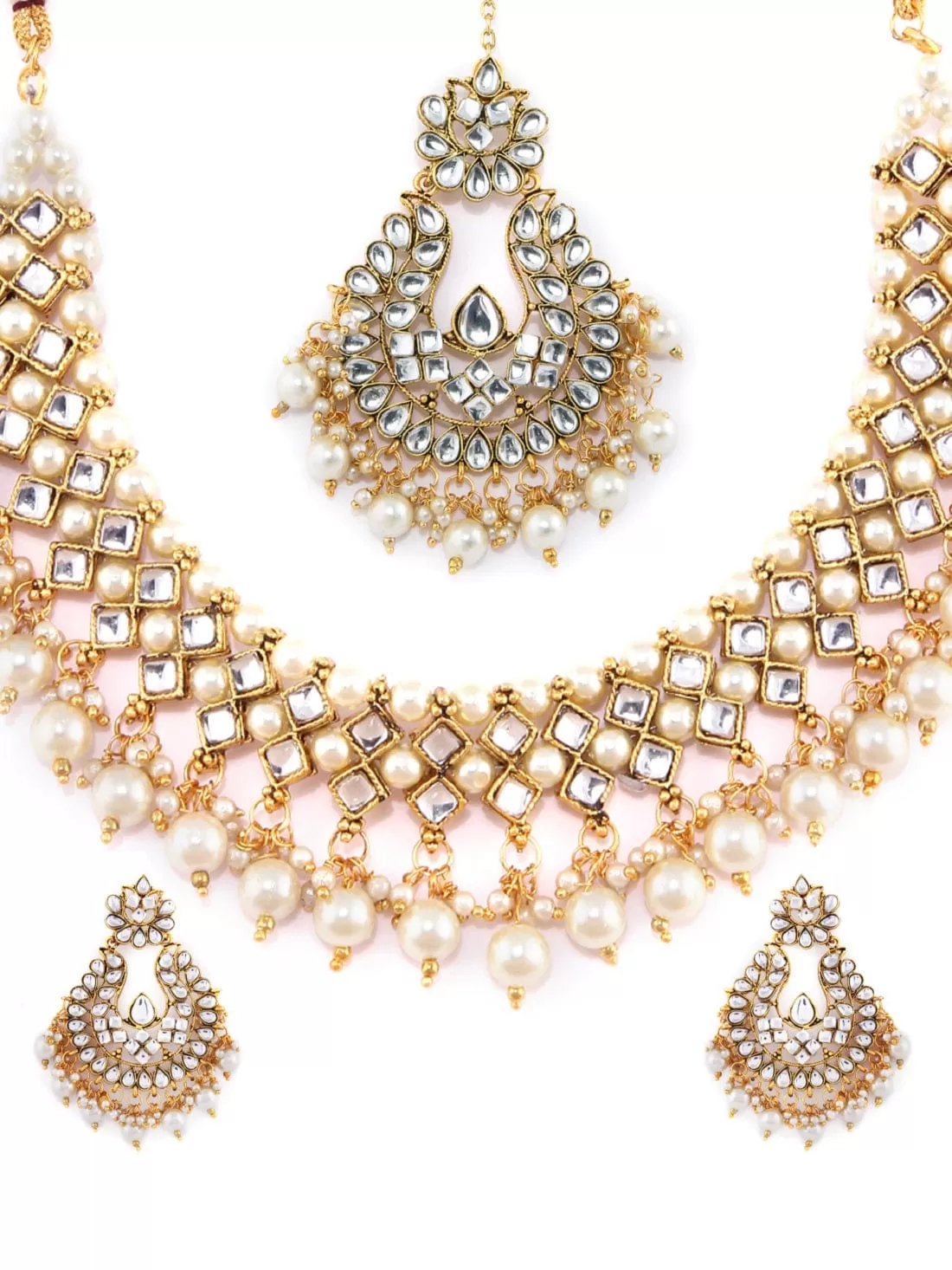 Rubans Gold Plated Traditional Kundan And Pearls Necklace Set With Maang Tikka